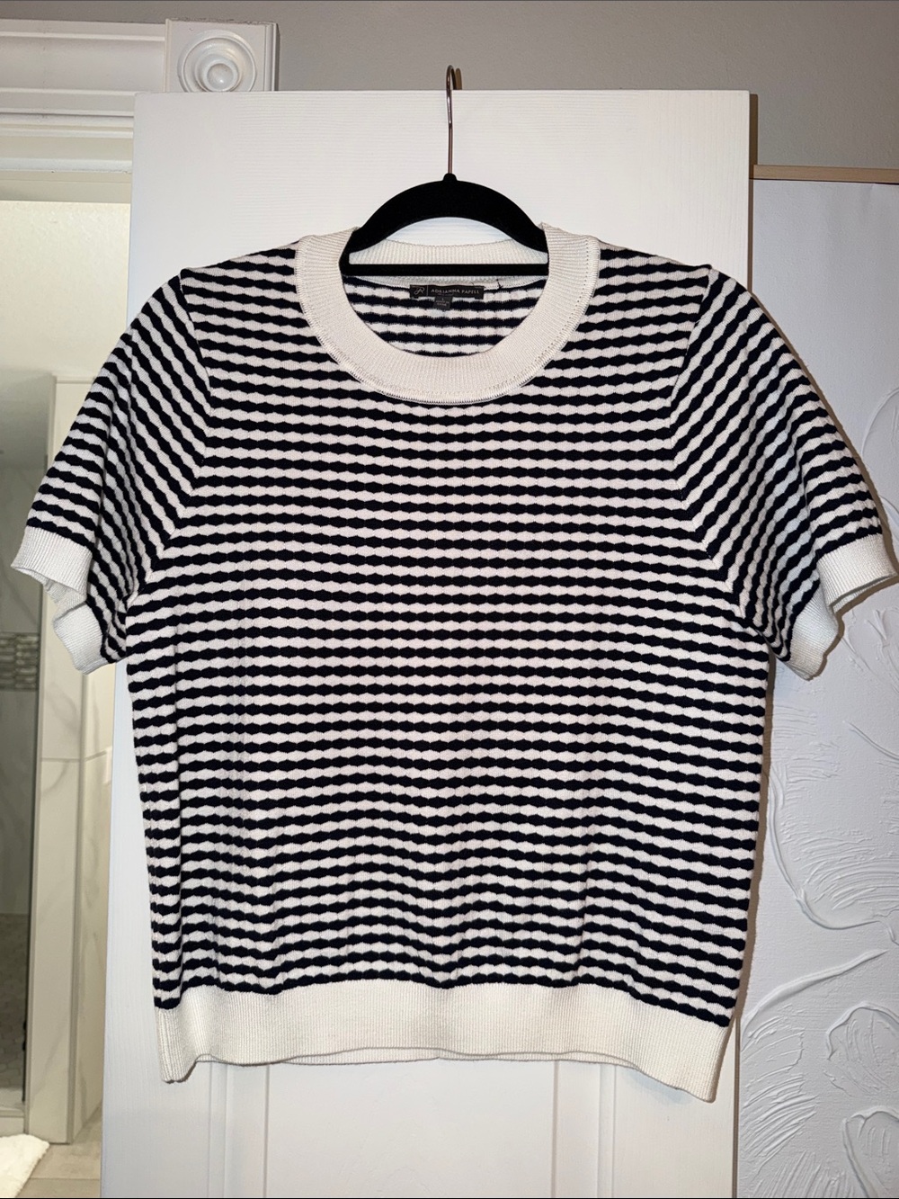 Adrianna Papell Black & White Striped Short Sleeve Sweater Knit Top LN Large